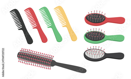 Cartoon comb vector set. Hairbrush clipart. Hair accessories. Flat vector in cartoon style isolated on white background.