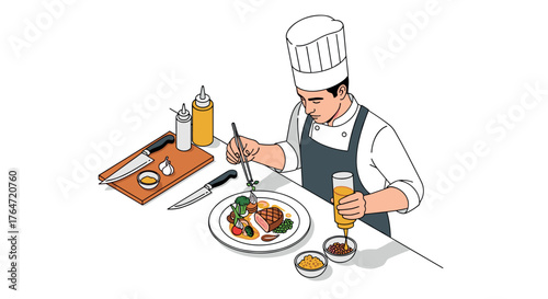 Chef preparing gourmet meal in modern kitchen with precision and style
