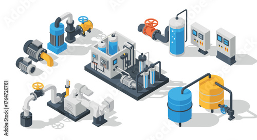 Industrial processing plant equipment in isometric design with modern technology elements