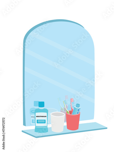 Bathroom mirror vector with toothbrush, toothpaste and mouthwash bottle. Bathroom accesssories, equipment clipart. Flat vector in cartoon style isolated on white background.