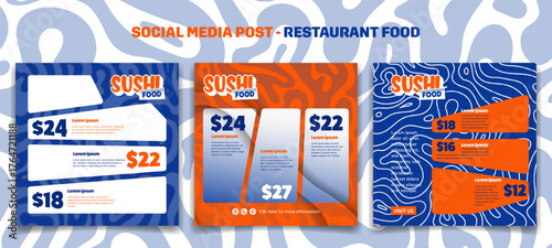 Sushi social media post template in blue orange background for sushi restaurant advertising design