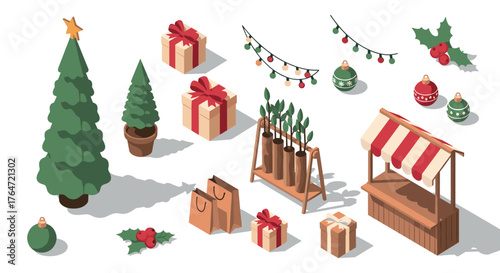 Festive christmas market isometric scene with decorated tree and gifts