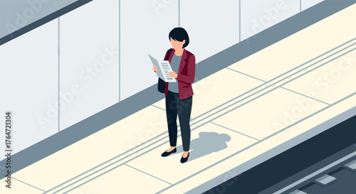 Woman reading document on train platform in modern isometric style