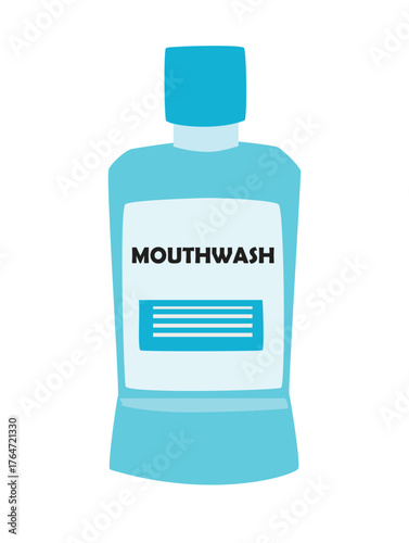 Mouthwash bottle vector. Dental care product, oral hygiene product clipart. Bathroom item. Flat vector in cartoon style isolated on white background.