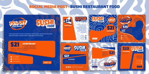 Set of sushi social media post in square template with orange blue and white background design for sushi restaurant or street food campaign design