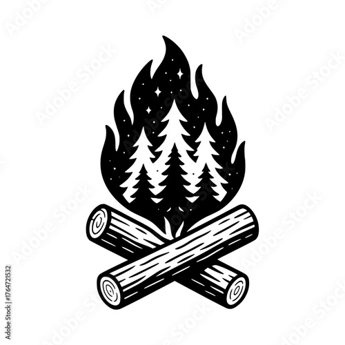 Campfire Icon with Trees and Sparkling Flames A Vector Illustration for Outdoors and Adventure