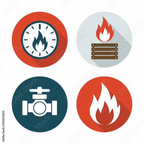 Icons representing fire related safety measures including gas control and time limits for fire safety compliance standards