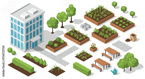 Urban green spaces: isometric community garden with raised beds and city building