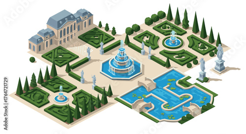 Elegant isometric palace garden with fountains and statues in a classic french style