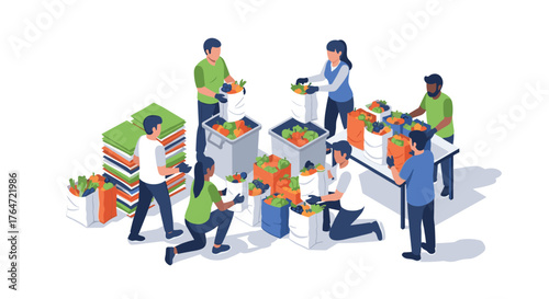Community team organizing food donations in isometric style