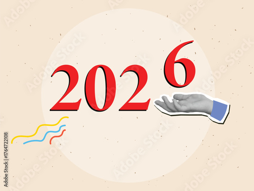 Black and white hand adds the number six to the number 2026. Modern photo collage style. Vector illustration