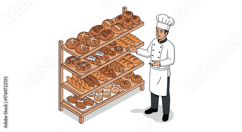 Isometric bakery display with baker and assorted fresh baked goods on wooden shelves