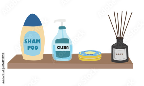 Bathroom Shelf Clipart Set in flat cartoon style. Cosmetic cliparts with Shampoo, Shower Gel, Soap, and Diffuser Bottles. Skincare products vector. Toiletries clipart.