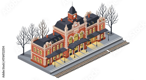 Charming isometric railway station with vintage brick architecture and winter trees