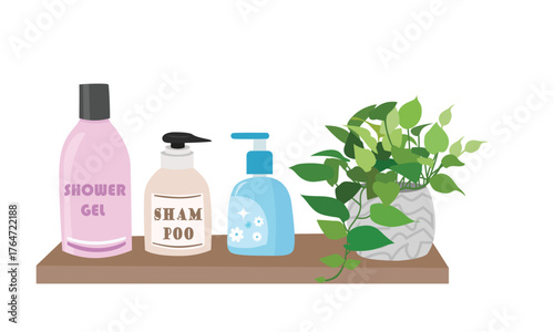 Bathroom Shelf Clipart Set in flat cartoon style. Cosmetic cliparts with Shampoo, Shower Gel, Soap, and Diffuser Bottles. Skincare products vector. Toiletries clipart.