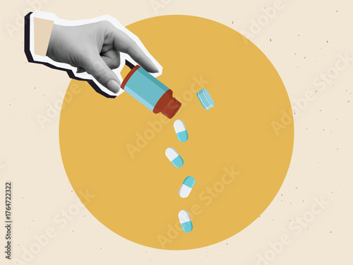 Black and white hand spill out of the jar pills. Modern collage style. Vector illustration
