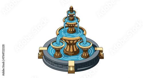 Elegant isometric water fountain with cascading tiers in classic stone design