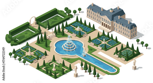 Elegant isometric mansion with formal garden and fountain in classic design