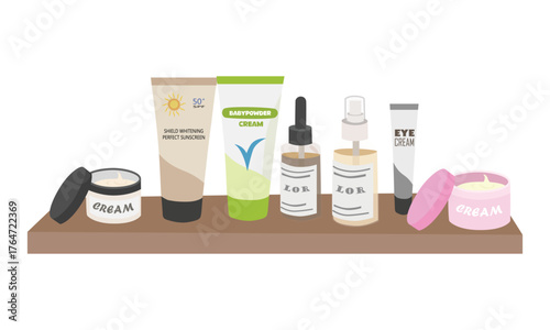 Skincare product clipart set in cartoon style. Vector set of skincare and cosmetic products, face cream, serum, sunscreen, eye cream and lotion bottles in flat design.  Toiletries.