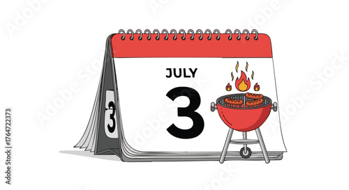 Illustrated calendar depicting july third alongside a barbecue grill for independence day celebration promotion, festive season reminder