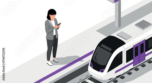 Woman waiting at platform with modern train in minimalist isometric design