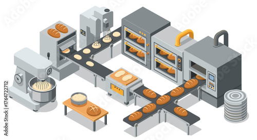 Isometric bakery production line with automated bread machines and conveyor system