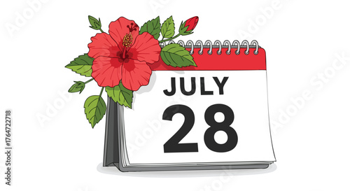 July 28th Floral Calendar Reminder: Tropical hibiscus adorns a stylized calendar marking the date, suitable for event promotion or greeting design