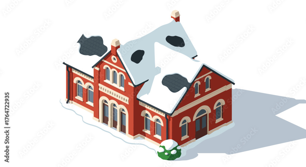 Naklejka premium Snow-covered brick house in winter isometric design with victorian style