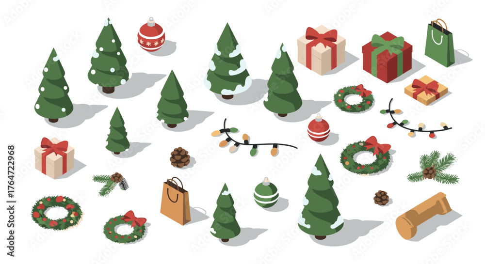 Fototapeta premium Festive christmas elements with gifts, trees, and decorations in isometric style