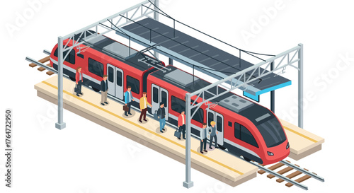 Isometric city subway station with commuters and red train on platform