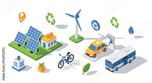 Isometric renewable energy scene with solar panels and electric vehicles
