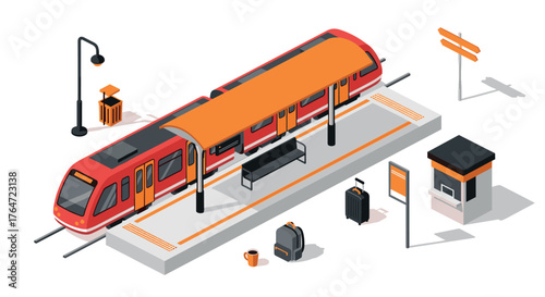 Isometric urban train station with modern red commuter train and platform