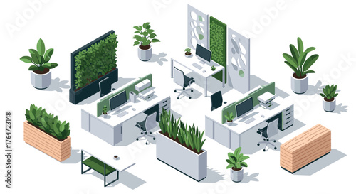 Modern isometric office design with indoor plants and workspace arrangement