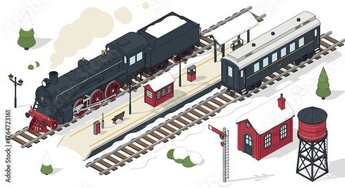 Vintage steam train on snowy isometric winter railway scene