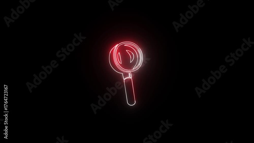 Neon red and white search icon animation. Glowing neon outline magnifying Glass Icon animation on black background.