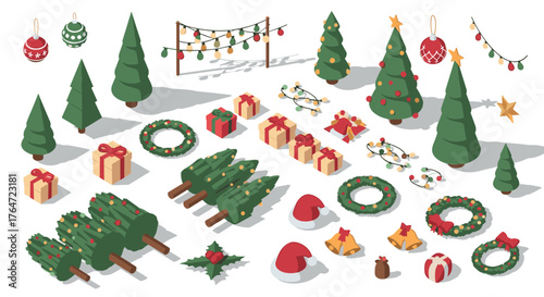 Festive christmas elements in isometric style with trees and decorated gifts