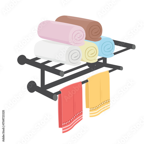 Towel rack vector in cartoon style. Bathroom accessory clipart in flat design. Bathing item. Bathoom equipment. Cartoon towel vector