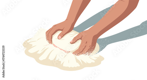 Hands kneading dough on white background in flat design style