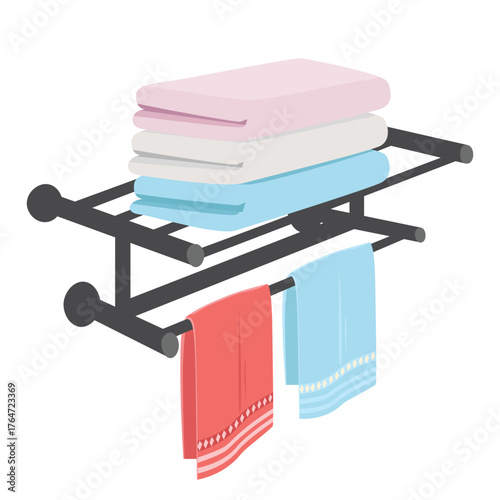 Towel rack vector in cartoon style. Bathroom accessory clipart in flat design. Bathing item. Bathoom equipment. Cartoon towel vector