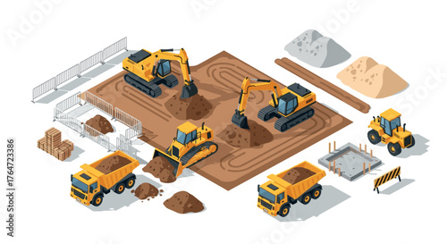 Construction site with heavy machinery in isometric view