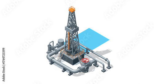 Isometric oil rig with industrial pipelines on white background