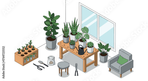Indoor gardening setup with isometric houseplants and tools in bright living room