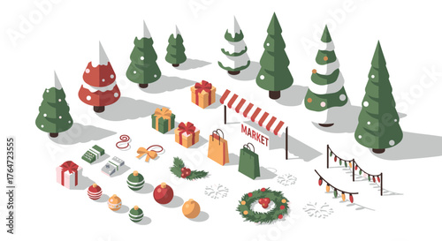 Festive christmas market scene with decorated trees and gifts in isometric style