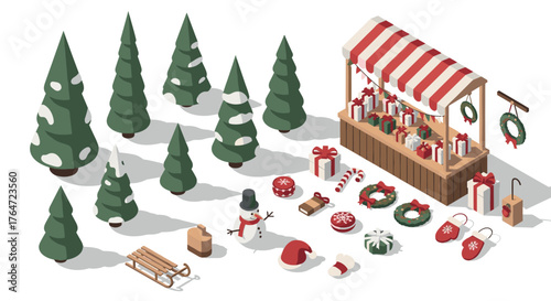 Festive christmas market with trees and decorations in isometric design