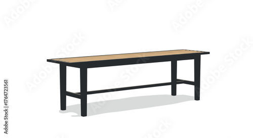 Minimalist modern wooden bench with black metal frame on white background