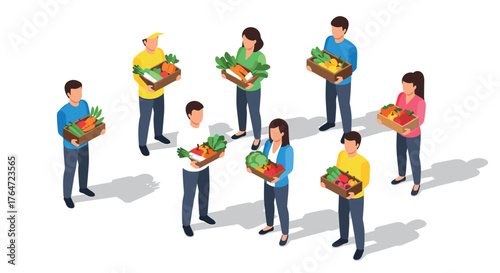 Isometric characters distributing fresh produce in boxes