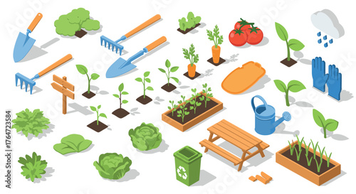 Isometric gardening tools and plants set for urban farming and sustainable living design