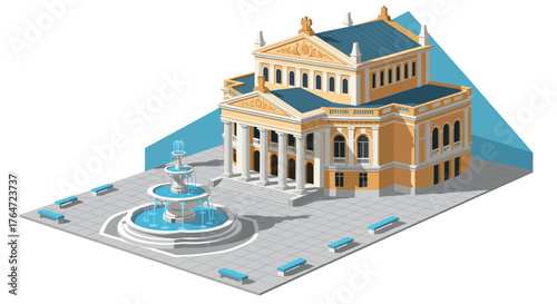 Elegant isometric architecture featuring classic opera house and fountain scene