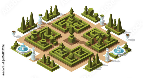 Isometric garden maze with hedges and fountains in a geometric landscape design