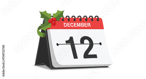 December twelfth calendar icon with holly leaves and berries symbolizing festive winter holiday celebration events and seasonal appointment reminders